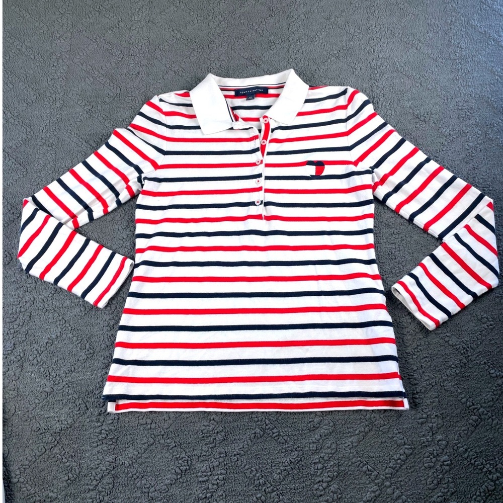 Tommy Hilfiger Womens Striped Long Sleeve Polo Shirt Red White Navy Heart Logo S